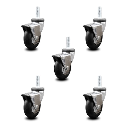Service Caster 3 Inch Hooded Neoprene Rubber 1/2 Inch Threaded Stem Casters with Brakes SCC, 5PK SCC-TS03S310-NPRB-BC-B-121315-5